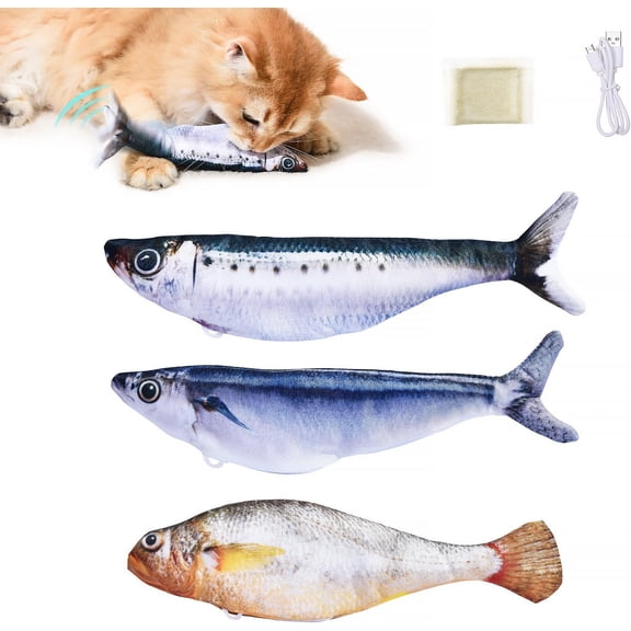 Bite-Sized Realistic Flopping Fish Cat Toys, 3 Pack, Interactive Cat Toys for All Breeds, Tap-Activated 3 Flapping Mode, Sardine/Saury/Yellow Croaker, 7.1 Inches, with Catnip, Rechargeable