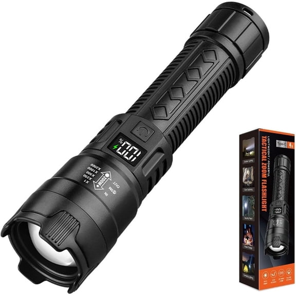 Biteblom Flashlight, Rechargeable Flashlights 2200 High Lumens, Super Bright Tactical Flashlight with Lcd Digital Display, Zoomable Waterproof Tactical Flashligh for Emergencies, Camping, Hiking