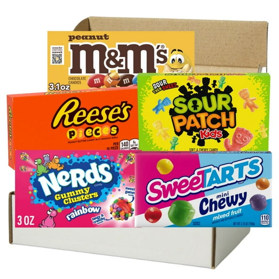 Bites&Basics Sweet & Sour Candy Variety Pack 10 Count Theater Boxes Includes Sour Patch Kids, Peanut M&M's, NERDS Gummy Clusters, SweeTARTS & Reeses Pieces