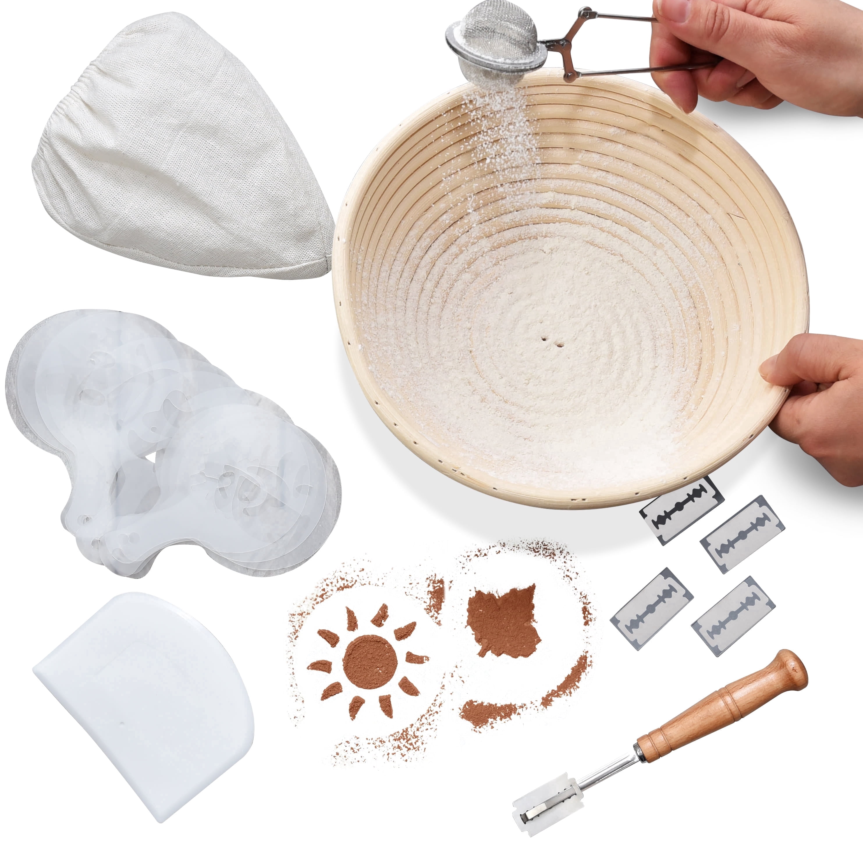 Bitimexhome Banneton Bread Proofing Basket Set, 9 Inch Round Sourdough Proofing Basket with Rattan Bowl, Bread Lame, Dough Scraper & Flour Sifter, Sourdough Sta
