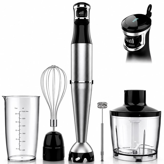 Bitrel Immersion Blender, 1100W 5-in-1 Multi-Speed Hand Blender with 21oz Beaker, Chopper, Whisk & Milk Frother, Ideal for Soup, Baby Food, Sauces, Smoothies & Purees