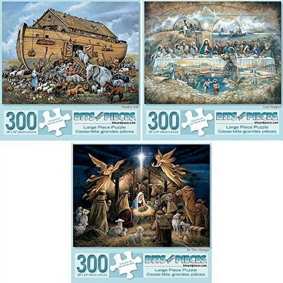 Bits And Pieces Set Of (3) 300 Piece Jigsaw Puzzle Noah's Ark Last Supper By Ruane Manning 18" X 24"