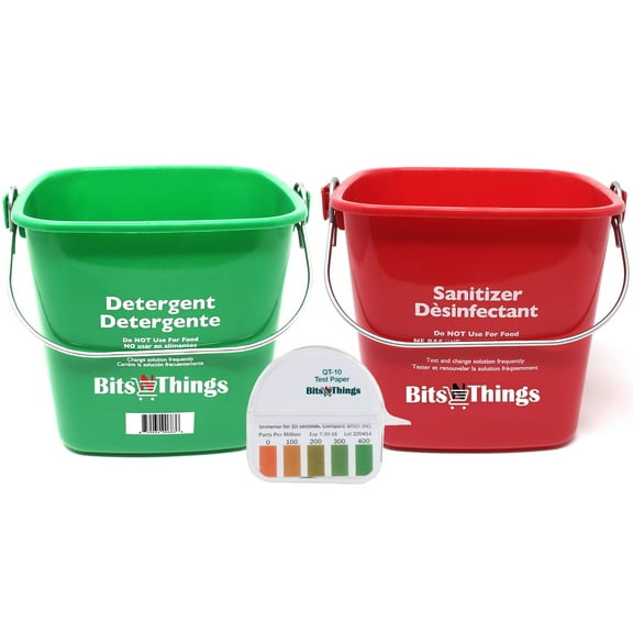 Bits N Things Cleaning Pails - Red Sanitizing (1), Green Detergent (1) 3 Quart Cleaning Buckets and QT-10 Quaternary Sanitizer Test Tape 15 feet Roll (1)