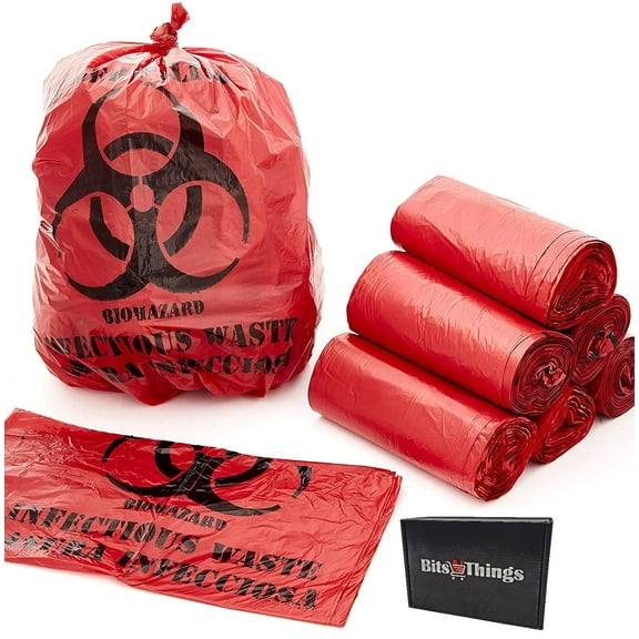 Bits N Things Infectious Biohazard Waste Bags Hazardous Trash Can Liners | Medical Grade No Leak Bags | Great for Lab Containers, Swabs, Pads, Gloves | (Red, 100 Count - 17" x 18" (7 Gallon))