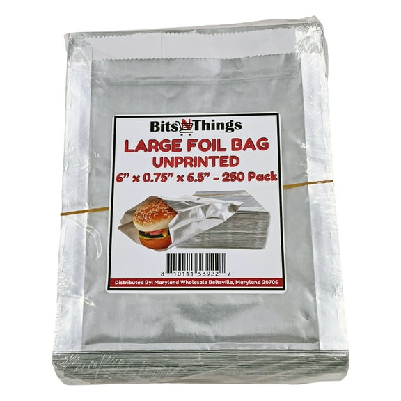 Bits N Things Large Foil Hamburger/Sandwich Bag 6" x 6.5" x 0.75" | Kosher, Insulated, & Grease Resistant Wrapper | 250 Count