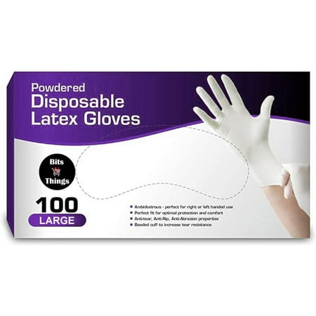 Bits N Things Latex Disposable Gloves, Comfortable, Powdered, 100 per Box (Large)