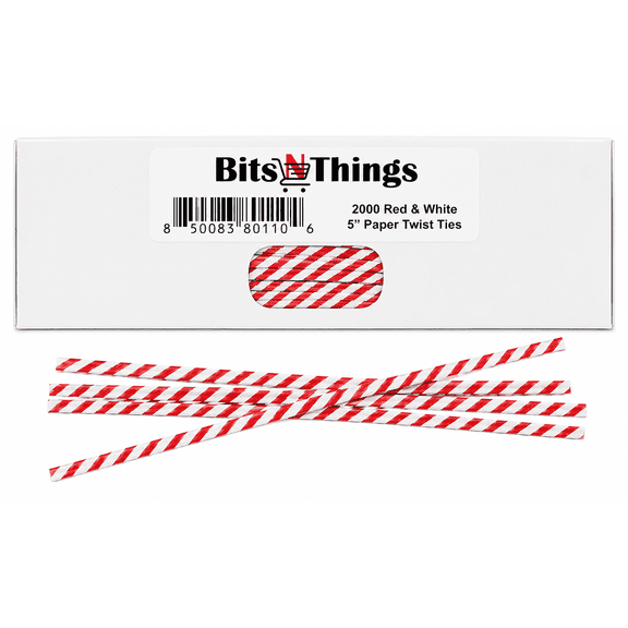 5 Inch Red & White Stripped Twist Ties - 2000 Count - Paper Coated Wire Bag Ties - Bread Bags, Bakery, Candy, Coffee & Food Packaging - Dispenser Box - Bits N Things