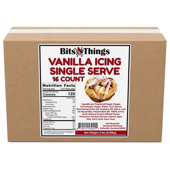 Vanilla Icing, 16 Pack (2 oz Packets) - Vanilla Dessert Topping & Decorating Icing - Cookies, Cupcakes, Cakes & Gingerbread Houses - Made in USA, Kosher - Bits N Things