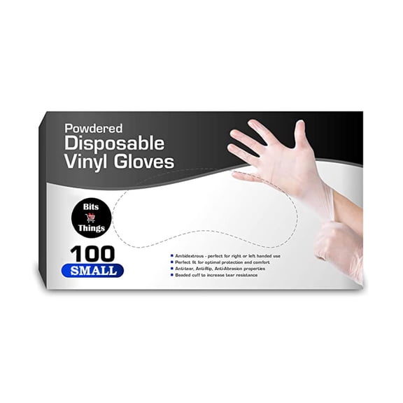 Bits N Things Vinyl Disposable Gloves | Comfortable Latex-Free | Powdered | 100 Count (Small | SML)