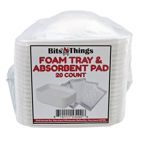 Bits N Things White Foam Trays with Absorbent Pads, Disposable Standard Supermarket Meat Poultry Frozen Food Trays - Pack of 20