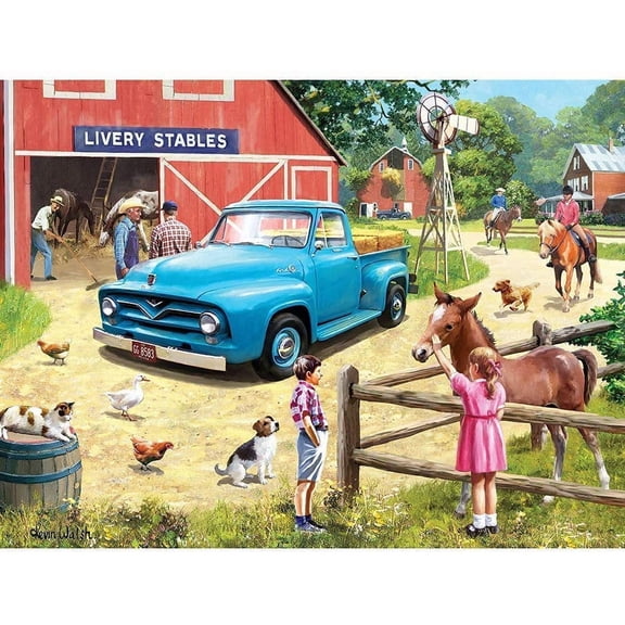Bits and Pieces - 1000 Piece Jigsaw Puzzle for Adults 20" x 27" - A Stop at The Stables - 1000 pc Spring Farm Horse Ranch Animal Stables Jigsaw by Artist Kevin Walsh