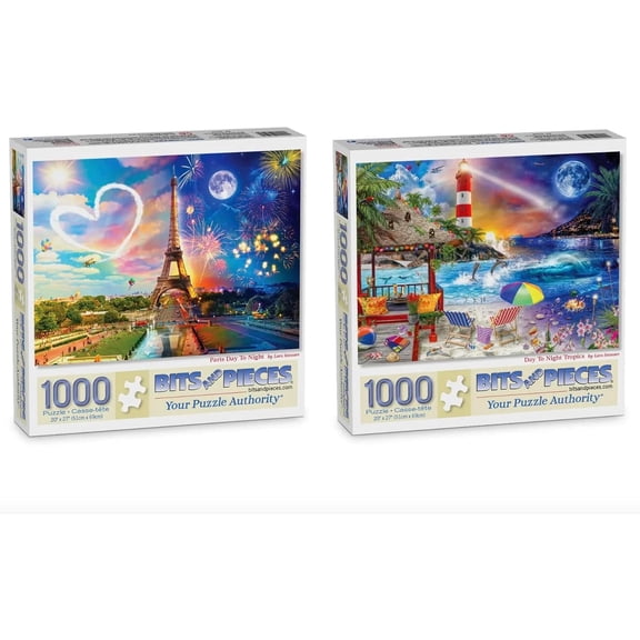 Bits and Pieces 1000 Piece Jigsaw Puzzles for Adults - Value Set of 2 - Day to Night Colorful Puzzles Bundle Tropical and Paris - Puzzle Size 20" x 27"