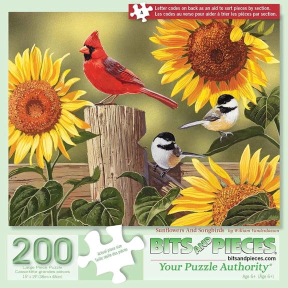 Bits and Pieces – 200 Piece Jigsaw Puzzle for Adults – Sunflower & Songbirds - Cardinals Jigsaw Puzzle by William Vanderdasson, Completed Puzzle Size: 15" x 19"