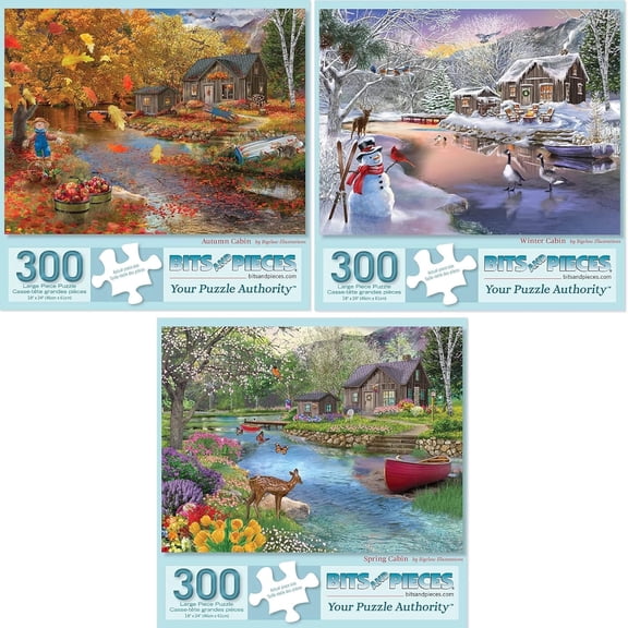 Bits & Pieces 3-Pack 300‑Pc Cabin Season Puzzles: Autumn, Winter & Spring