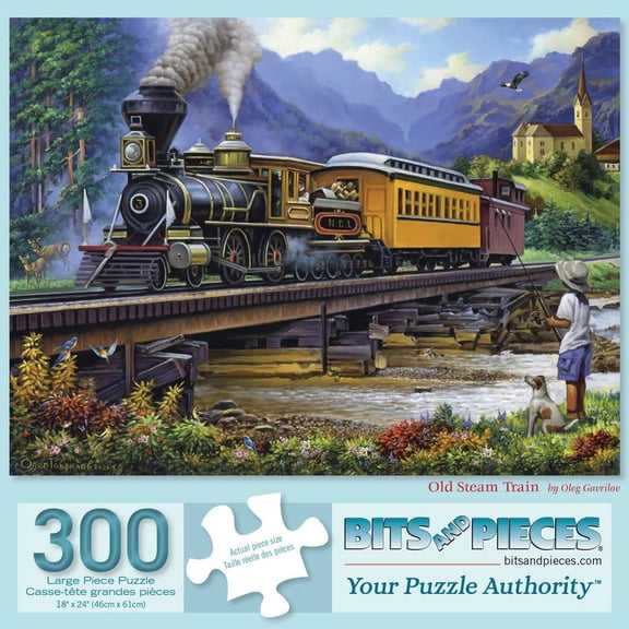 Bits and Pieces - 300 Piece Jigsaw Puzzle for Adults 18" X 24" - Old Stream Train - 300 pc Locamotive Track Rail Bridge Jigsaw by Artist Oleg Gavrilov