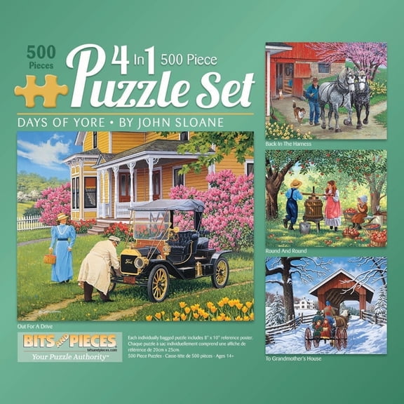 Bits & Pieces 4-in-1 500-Piece Days of Yore Jigsaw Puzzle Set, 16×20″