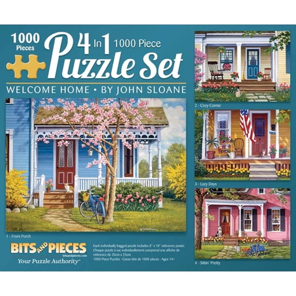 Bits and Pieces 4-in-1 1000 Piece Jigsaw Puzzle Set for Adults – Welcome Home Americana Houses by John Sloane – 4 Large 20" x 27" Puzzles (Sittin’ Pretty, Lazy Days, Front Porch, Cozy Corner) – Rando