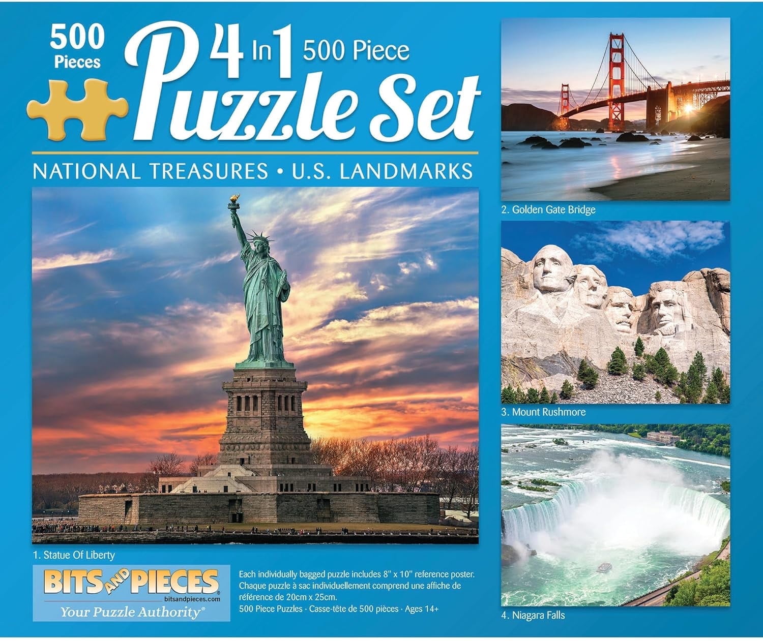 Bits and Pieces 4-in-1 Jigsaw Puzzle Set for Adults – US Landmarks Multi-Pack Bundle – Four 500 Piece Puzzles, 16" x 20" Each, Random Cut Durable Pieces