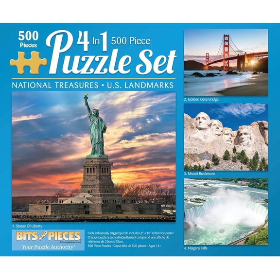 Bits and Pieces 4-in-1 Jigsaw Puzzle Set for Adults – US Landmarks Multi-Pack Bundle – Four 500 Piece Puzzles, 16" x 20" Each, Random Cut Durable Pieces