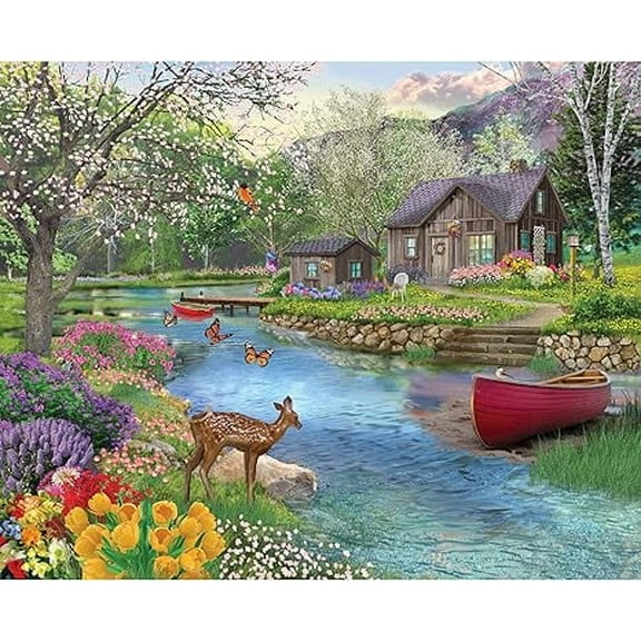 Bits and Pieces - 500 Piece Jigsaw Puzzle for Adults 18" x 24" - Spring Cabin - 500 pc Forrest River Boat Pier Flower Tree Nature Bloom Jigsaw by Artist Bigelow Illustrations
