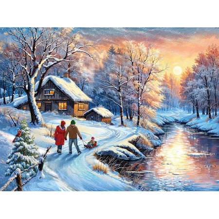 Bits and Pieces 500 Piece Jigsaw Puzzle for Adults – Snow River Winter Landscape, Family in Snow Scene, Large 18" x 24", Random Die-Cut Pieces, Lock-Tight Fit