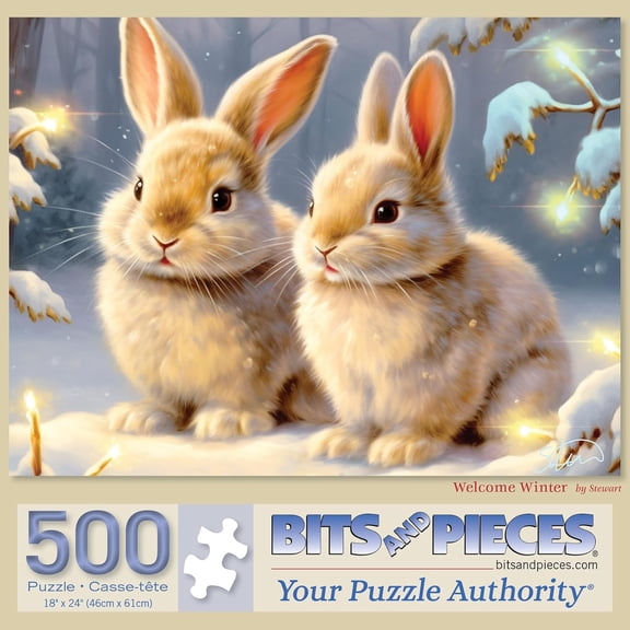 Bits and Pieces 500-Piece Jigsaw Puzzle for Adults – Welcome Winter Snowy Bunnies Scene – Large Durable Pieces, 18" x 24" – Recycled Cardboard, Unique Die-Cut Shapes, Fun Family Puzzle Gift