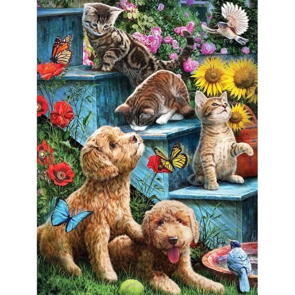 Bits & Pieces 500-Piece Pups & Kittens on the Steps Jigsaw Puzzle, 18×24″