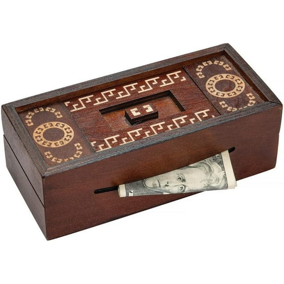 Bits and Pieces Outfox Box Money Brainteaser — Pine Secret Compartment Puzzle Box, Laser-Engraved Decorative Storage, 5-7/8" x 2-1/8" x 3-1/8", Ages 14+