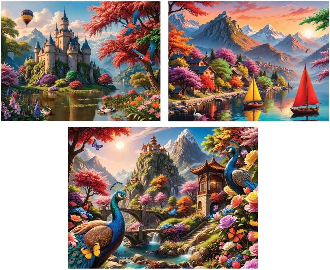Bits and Pieces - Set of 3 Large Piece 300 Piece Jigsaw Puzzles for Adults - Majestic Landscapes Puzzle Bundle by Yuri Khrushch - 18" x 24" Each - Value Puzzle Pack with Peacock Majesty, Lakeside Vil