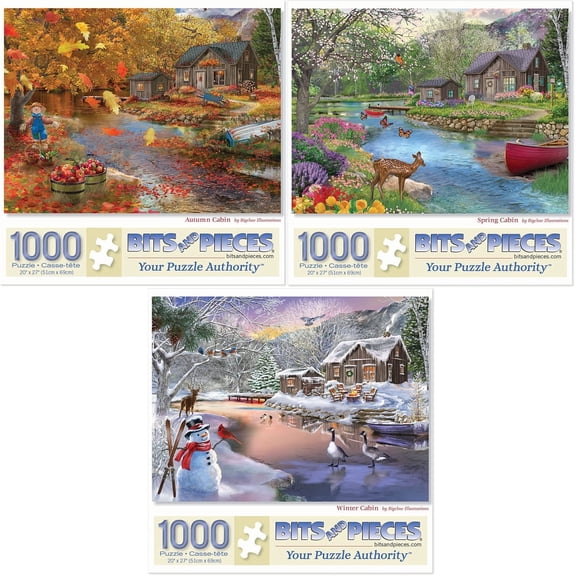 Bits & Pieces 3‑Pack 1000‑Pc Cabin Season Puzzles: Autumn, Spring & Winter