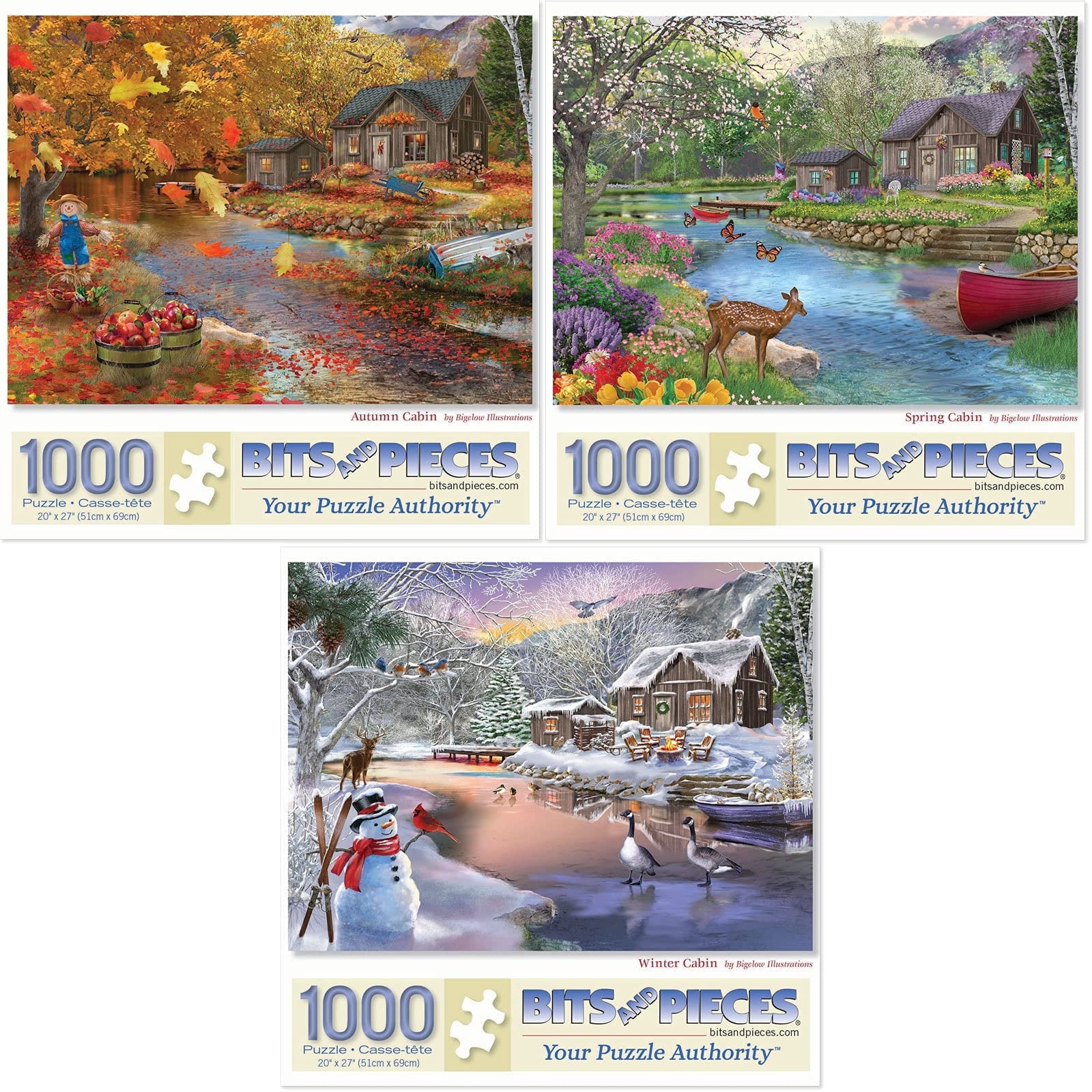 Bits & Pieces 3‑Pack 1000‑Pc Cabin Season Puzzles: Autumn, Spring & Winter