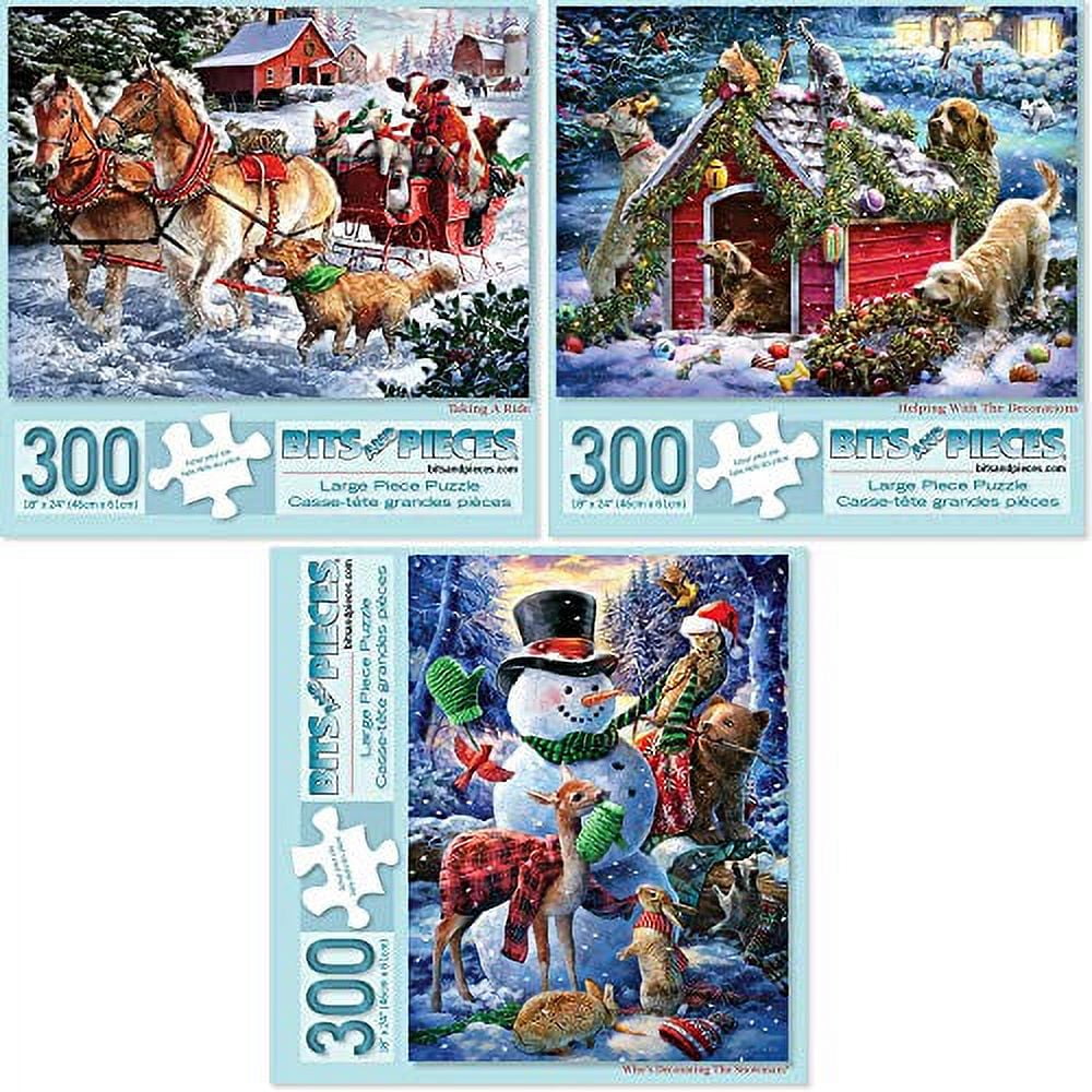 Bits and Pieces Set of Three 300 Piece Jigsaw Puzzles Winter Holiday Forest by Larry Jones 16" x 20"