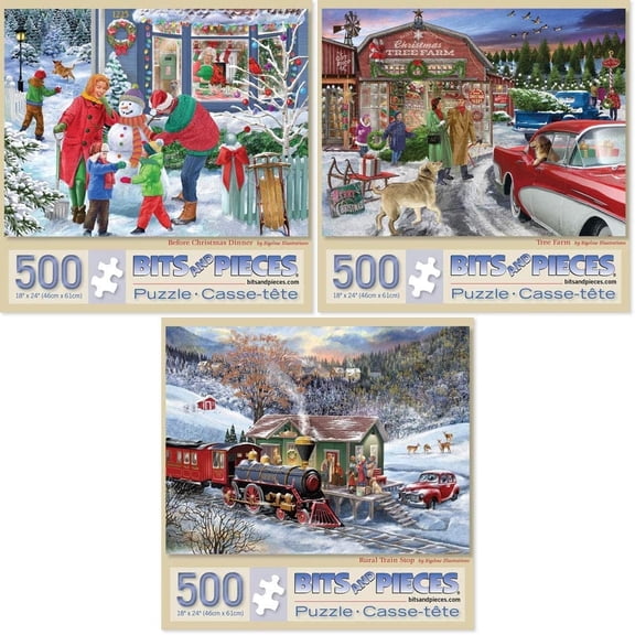 Bits & Pieces 3-Pack 500-Piece Home for the Holidays Jigsaw Puzzles, 18×24″