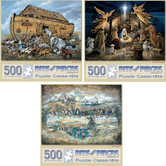 3-Pack 500 Piece Religious Jigsaw Puzzles – Noah’s Ark, Last Supper, Manger