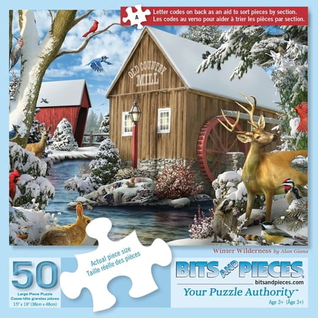 Bits and Pieces Winter Wilderness Jigsaw Puzzle for Adults, 50 Extra Large Pieces, 15" x 19", Deer Snow Mill Scene, Lettered Back, No Two Pieces Alike