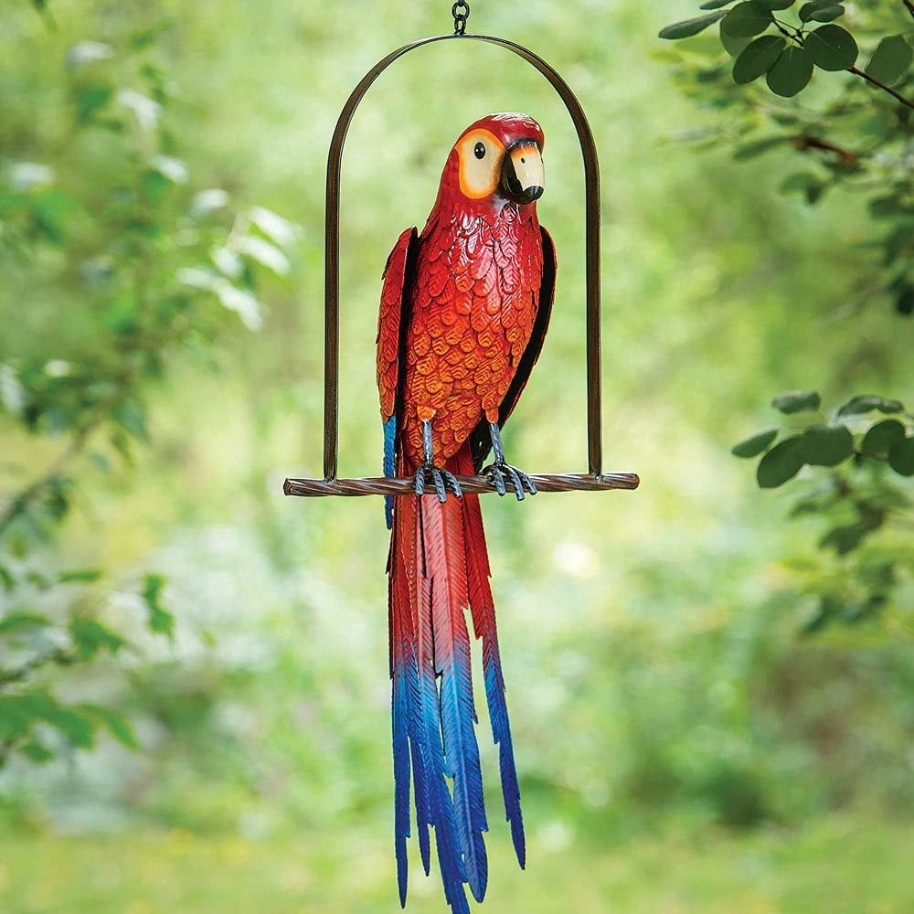 Bits and Piece Swinging Parrot Sculpture Garden Bird Hanging Chain Home Outdoor Patio Decoration