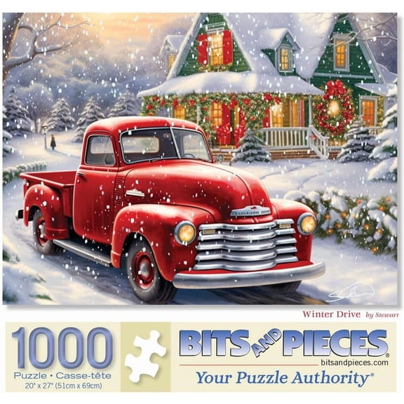 Bits and Pieces - 1000 Piece Jigsaw Puzzle for Adults - 20" x 27" - Winter Drive - 1000 pc Christmas Red Truck Snow Scene