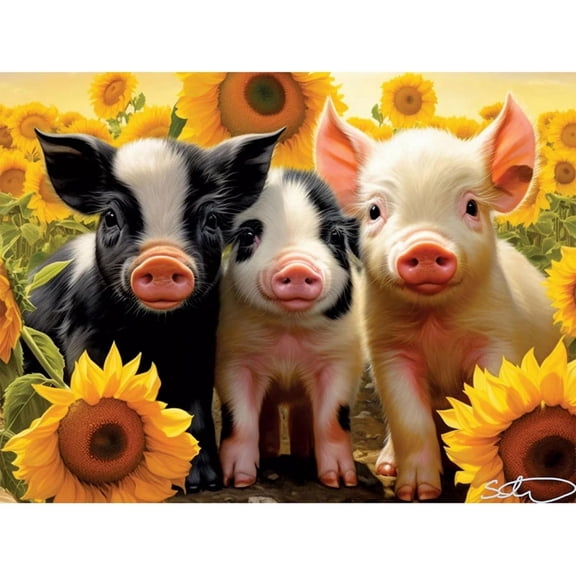 Bits and Pieces 1000-Piece Jigsaw Puzzle for Adults – Baby Pigs in Sunflowers, Hello Sunshine, Large 20" x 27", Random Die Cut, No 2 Pieces Alike