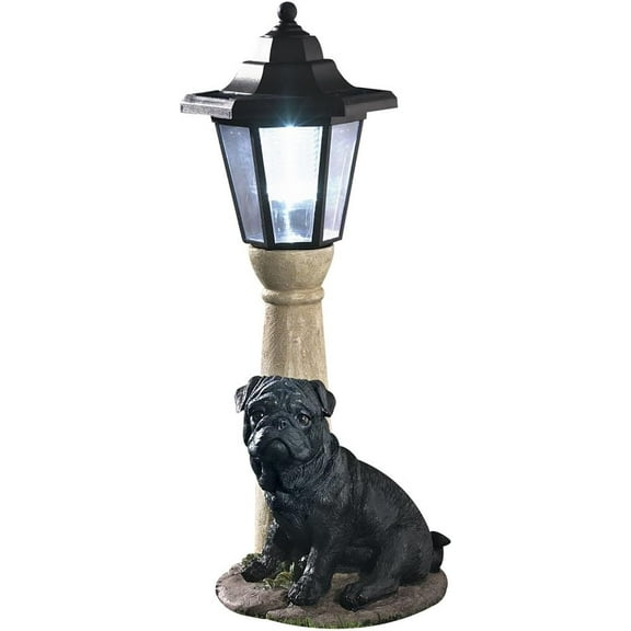 Bits and Pieces 13.5" Black Pug Garden Statues, Solar LED Lantern, On/Off Switch