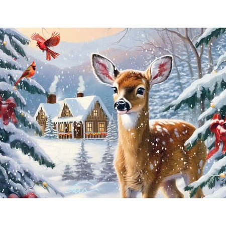 Bits and Pieces 200-Piece Jigsaw Puzzle for Adults – Winter Wilderness Deer & Snowy Cabin Scene, Extra Large Pieces 15" x 19", No 2 Pieces Alike