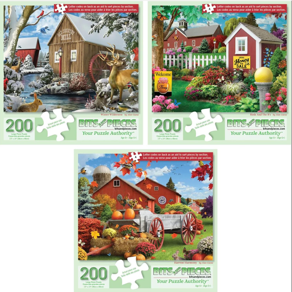 Bits and Pieces 200 Piece Puzzle 3-Pack for Adults  Alan Giana Rustic Country Scenes, Large Pieces, No 2 Alike