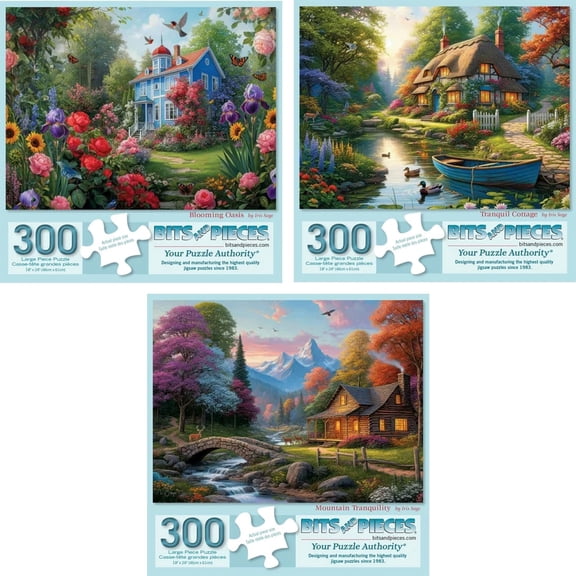 Bits and Pieces 3-Pack Jigsaw Puzzle Set, 300 Large Pieces, Fantastic Houses Collection, Relaxing Scenic Puzzles