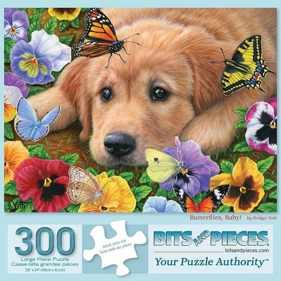 Bits and Pieces 300 Piece Jigsaw Puzzle for Adults “Butterflies, Baby!” Dog by Bridget Voth 18"x24"