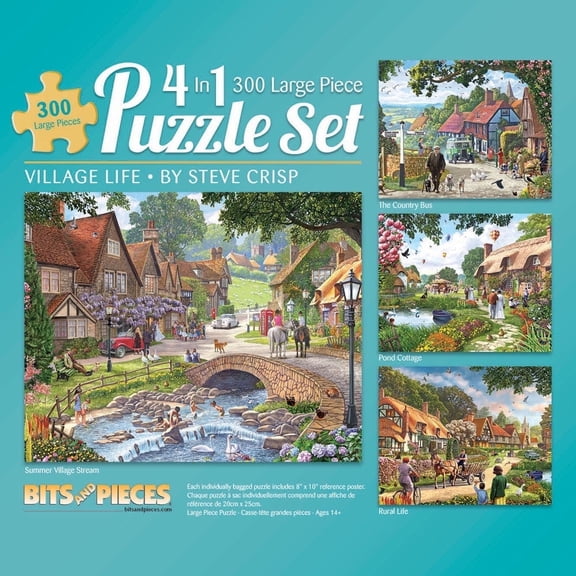 Bits and Pieces Jigsaw Puzzles Village Life 300 Piece 4-in-1 Multi-Pack 16" x 20"