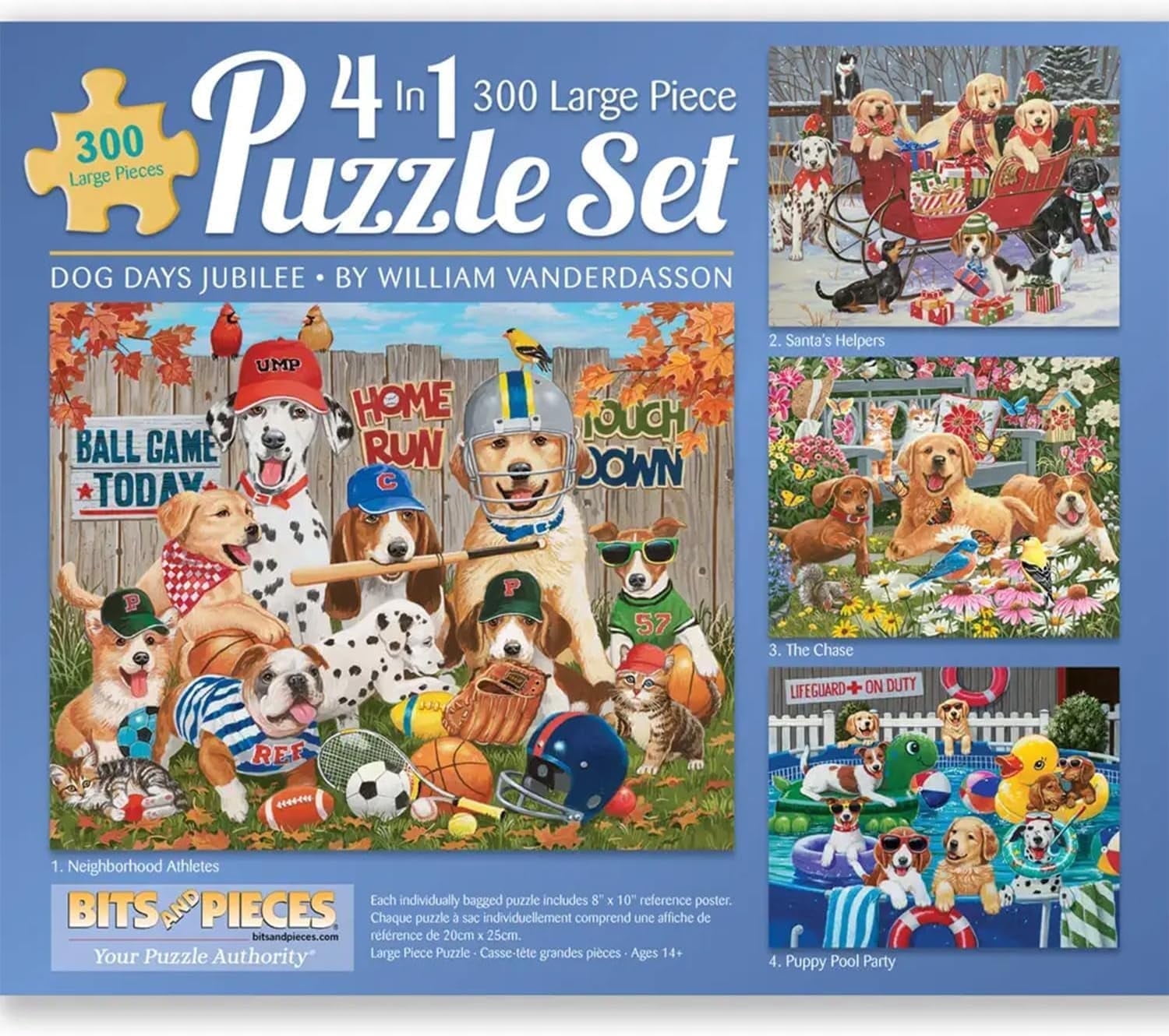 Bits and Pieces 4-in-1 Dog Days Jubilee 300-Piece Jigsaw Puzzle Set for Adults — Four 16" x 20" Puzzles by William Vanderdasson