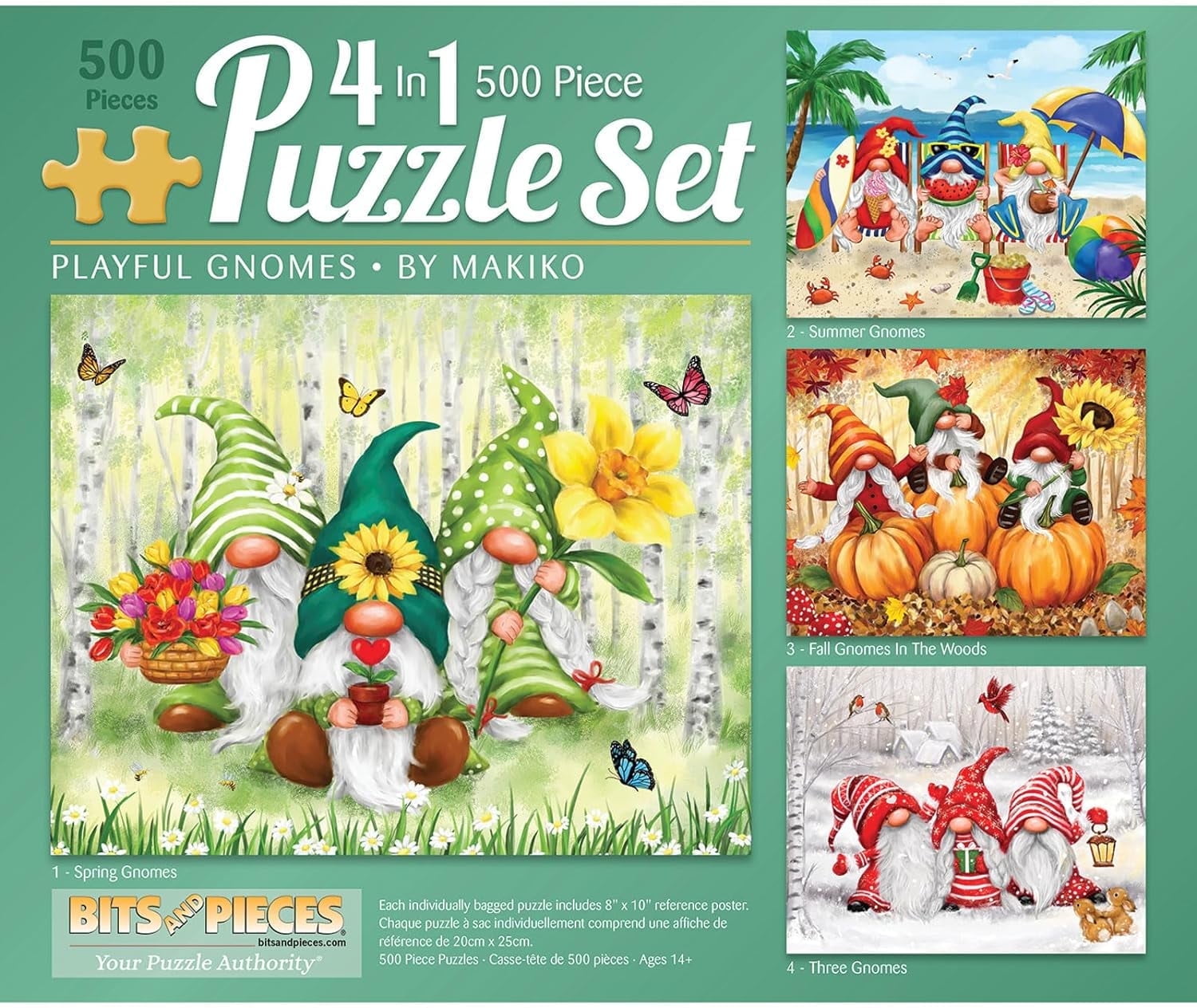 Bits and Pieces Jigsaw Puzzles Playful Gnomes by Makiko 500 Piece 4-in-1 Multi-Pack 16" x 20"