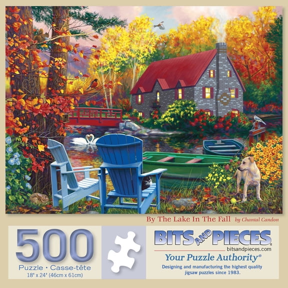Bits and Pieces 500 Piece Jigsaw Puzzle By The Lake in The Fall Cabin by Chantal Candon 18" x 24"
