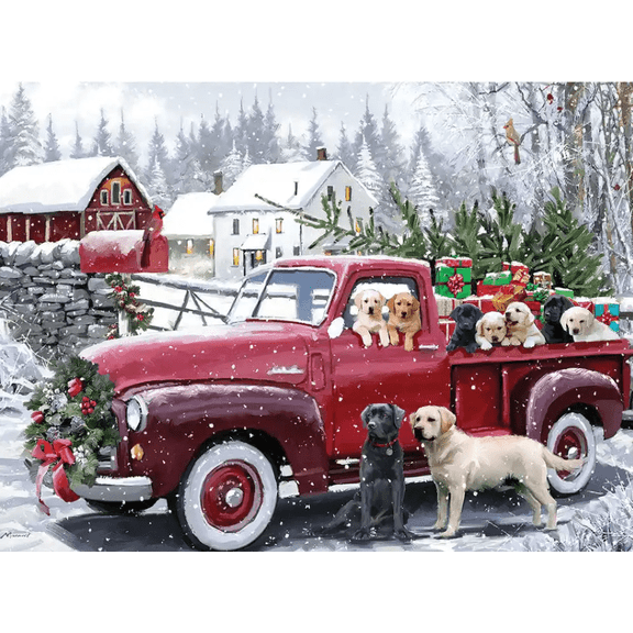 Bits and Pieces Christmas Delivery Jigsaw Puzzle, Red Truck Puppies Christmas Tree, 3000 Piece, 32" x 45"