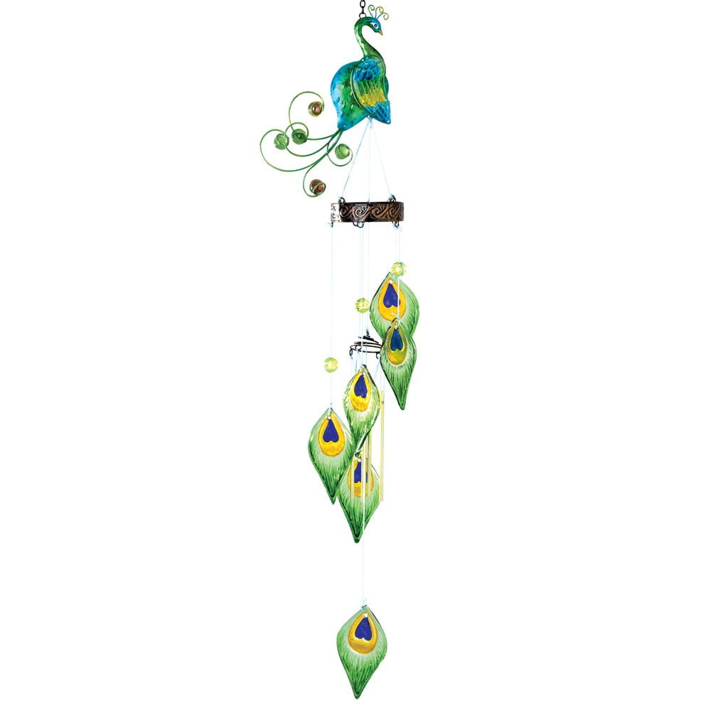 Bits and Pieces Colorful Peacock Wind Chimes Metal and Glass Hanging Sculpture and Chimes