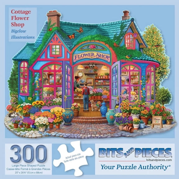 Bits and Pieces Cottage Flower Shop Shaped Jigsaw Puzzle for Adults, 300 Large Pieces, 18" x 24", Floral Cottage Scene, No Two Pieces Alike